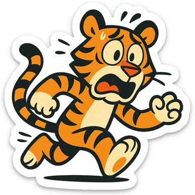 cartoonish tiger running away, looking scared, vibrant toon style sticker
