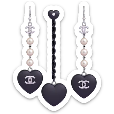glossy 3D emoji-style drop earrings featuring black heart with string of pearls and silver Chanel logo at center, elegant sticker