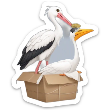  white stork carrying a bundle of cloth in its beak that has a human baby with dark hair and the baby face is peeking out from the cloths bundle the strok is carrying with its beak sticker