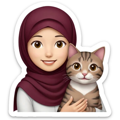 Asian white Girl wearing dark maroon hijab with white shirt smiling while holding a black brown grey tabby cat sticker