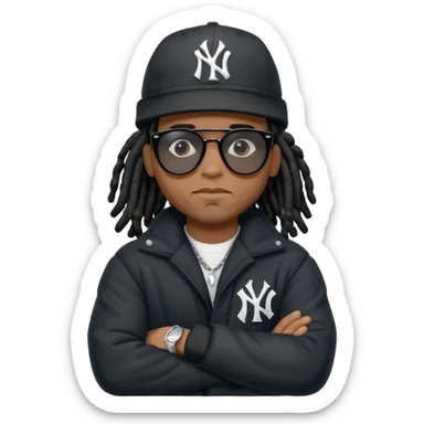 African American man with shoulder length black dreadlocks wearing black sunglasses with black bubble winter coat wearing a New York Yankees baseball hat with arms folded sticker