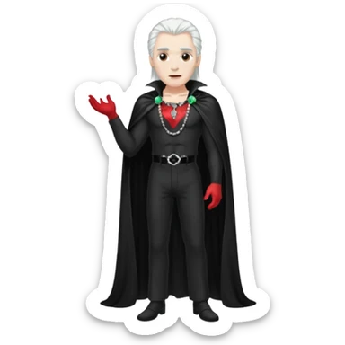 Dracula with long white hair, black sequin baggy pants, shirtless with necklace, black sequin cape sticker