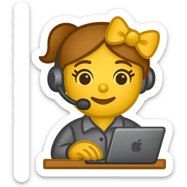 Make the recruiter robot emoji even cuter and more feminine with different hairstyles and accessories like bows or glasses. Style should be apple style, flat, and metallic. The robot is at a desk, wearing a headset, and typing on a laptop. Transparent background. sticker