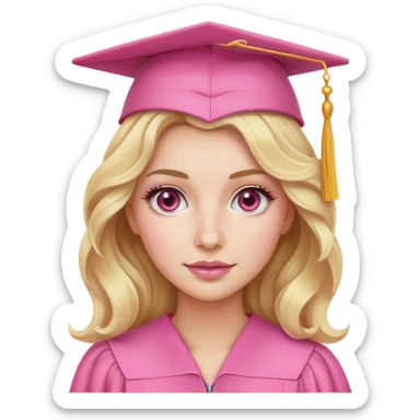 Blonde with wavy hair, a pink graduation cap, white skin and hazel eyes with pink makeup  sticker