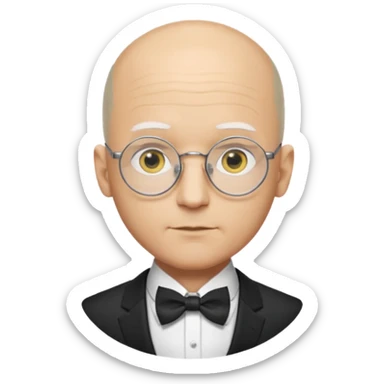 Yellow-skinned animated man. Bald on top with thin gray hair at the sides. Large round white eyes with black pupils. Wears round glasses. Pointed nose. Visible suit lapels, white shirt collar, and bow tie at the neck. sticker