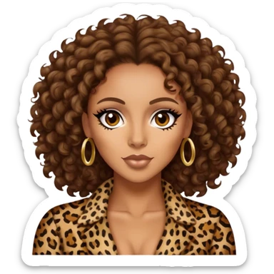 Melanie Brown with brown curls wearing leopard print sticker