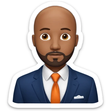 headshot of a sophisticated, stylish, bald head Caribbean black man with a beard and goatee in a navy blue suite, white shirt and dark orange tie sticker
