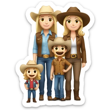 Caucasian family of 3, all with cowgirl hats on, 1 blonde teenager, 1 light brown haired mom, 1 little boy with brown hair  sticker