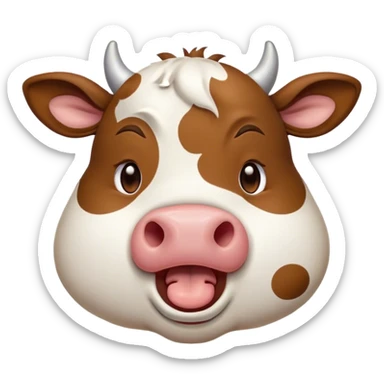 Cinematic Cute Yawning Brown and White Cow Portrait Emoji, Head tilted slightly with a dramatic, wide-open yawn, showcasing a smooth, patterned hide of brown and white, floppy ears slightly drooping, round brown eyes barely open in drowsy contentment, Simplified yet irresistibly adorable features, highly detailed, glowing with a soft, cozy glow, high shine, relaxed yet expressive, stylized with a touch of pastoral whimsy, bright and endearing, soft glowing outline, capturing the essence of a sleepy yet affectionate cow, so drowsy it feels like it could amble out of the screen and curl up for a nap! sticker