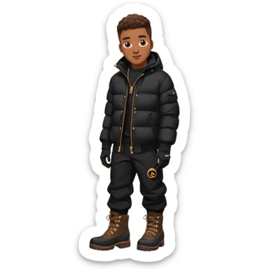 Handsome Black grown man with brown skin tone, wear black joggers, a black bubble coat, and buckwheat timberland boots, and black gloves sticker