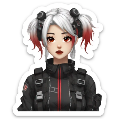 Gorgeous techwear anime style lady with blushing face aesthetic and pretty edgy black red white punk messy hair with collar and harness trending style sticker