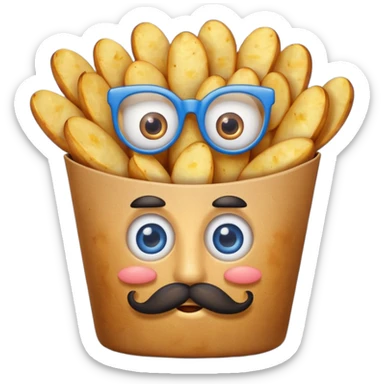 fried potatoes with eyes and mustache, in a blue carton  sticker