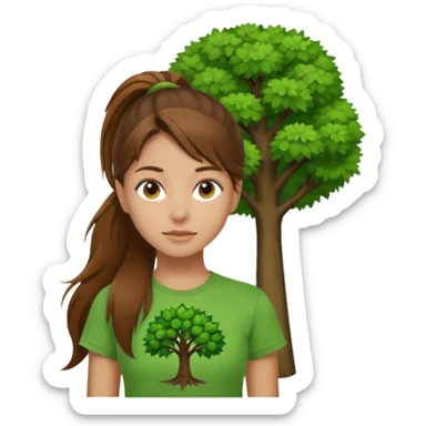 Make a zumba coach emoji, brown eyes, brown hair girl, long ponytail,green t shirt with a tree logo on It sticker