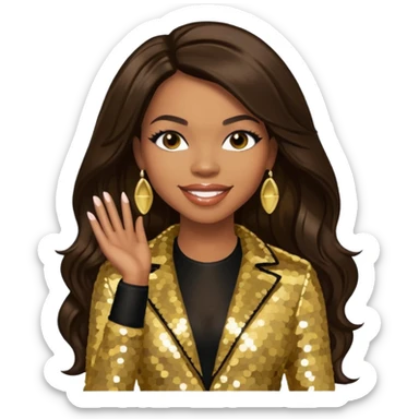 Tenitra Michelle Williams, R&B Singer from Destiny's Child with long dark brown hair, gold sequin outfit, medium dark skin sticker