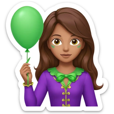 woman with long brown hair and purple costumes, holding green balloon sticker