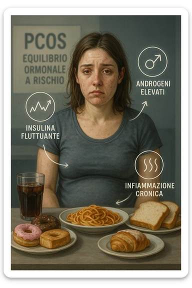 Donna tra i 25 e i 35 anni, seduta a tavola con un’espressione stanca e gonfia. Sul tavolo ci sono alimenti sbagliati per la sua condizione: dolci raffinati, pane bianco, pasta, bibite zuccherate. Intorno al suo corpo si vedono elementi simbolici che rappresentano gli effetti della PCOS peggiorata: insulina fluttuante, androgeni elevati, infiammazione bassa cronica. La sua pelle appare acneica, gonfiore addominale visibile, sguardo affaticato. Sullo sfondo, un cartello sfocato con scritto 'PCOS – equilibrio ormonale a rischio'. Stile realistico con elementi simbolici, toni freddi ma chiari in italiano sticker