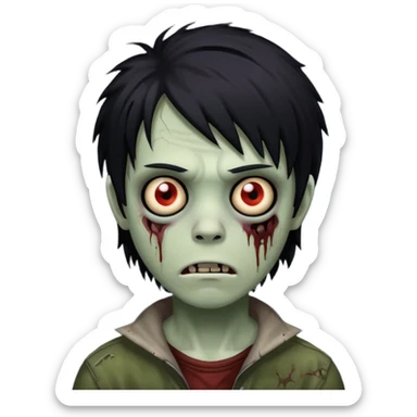 creepy boy zombie, medium-long black emo hair, shaggy, dark and spooky, unsettling expression sticker