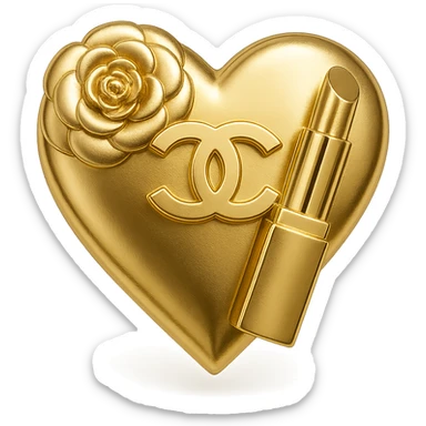 Chanel heart in metallic gold style with a camellia flower and a lipstick, fashion accessory theme sticker