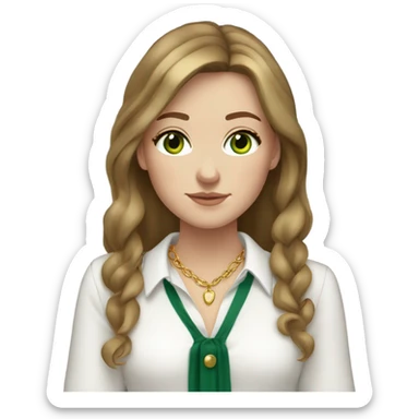 white girl. long brown hair with curtain bangs. freckles. long sleeve white shirt. gold necklace. dark green eyes. white shirt. sticker