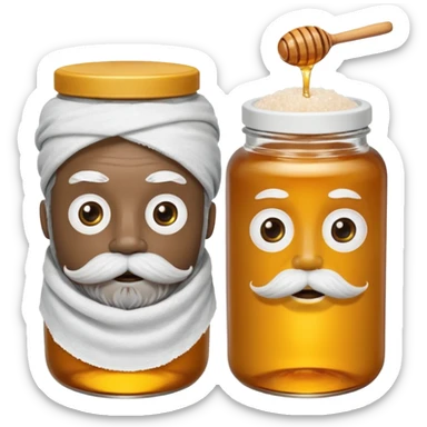 Garama and Madundung are together a gray container of salt and a honey container with a cloth on top. They each have eyes with white in the middle, a mouth, nose, and mustache both customary to their colors. They have hairy legs and emit an aura of salt (Garama), and honey (Madundung). sticker