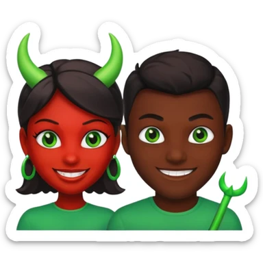 two evil persons (male and female) with devilish smile and black face and green eyes sticker