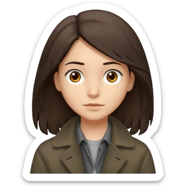 Hobo tomboy with shoulder-length center-parted dark brown hair. brown eyes, dark dull brown coat, grey shirt. sticker