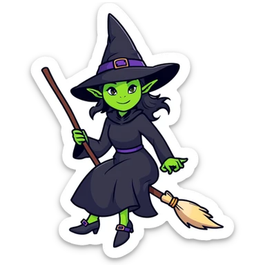 Elphaba, green-skinned witch with black hat and long black dress riding a broomstick sticker