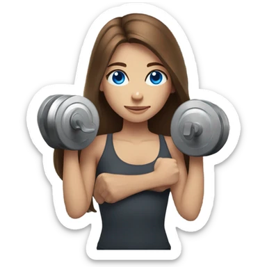 girl with long brown hair,  bright blue eyes, lifting weights sticker