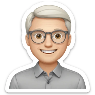 30 yr old pale white man, white/grey side swept stylish hair, round glasses, big smile, white teeth, handsome, longer hair, thin glasses, dress shirt sticker