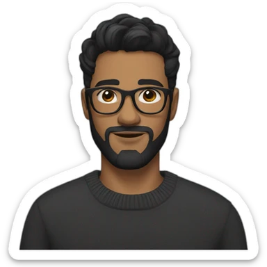 A young man with black hair styled up and to the side, a beard and wearing dark grey glasses and a black sweater sticker