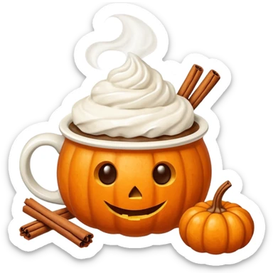 Steaming coffee Mug with whipped Cream and cinnamon Dust on Cream.  Small Punkin and 3 sticks of cinnamon next to mug sticker