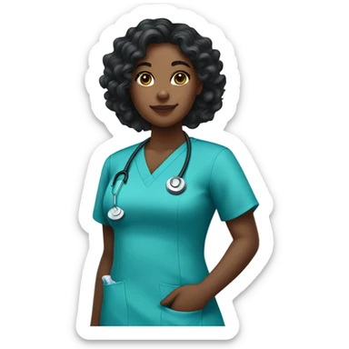 black woman wearing nursing scrubs with curly long black hair sticker