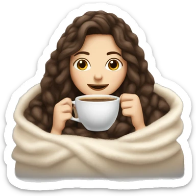 Brunette white girl inside a fluffy blanket sipping coffee sticker