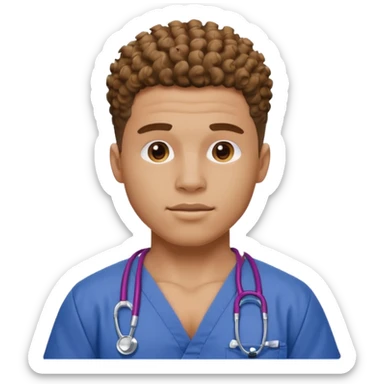 Ripped, athletic man with thick neck, high top fade with no part, curly hair only top only, and show waistline up, add scrubs, man face sticker