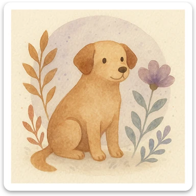 <systemPrompt>
  <style name="Watercolor Botanical Illustration">
    <medium>Watercolor</medium>
    <texture>
      <paper>Soft cotton texture, subtle grain</paper>
      <wash>Transparent color washes with visible layering</wash>
    </texture>
    <palette>
      <primary>Muted earth tones (browns, reds)</primary>
      <accent>Pastel purples and blues</accent>
      <background>Faded lavender wash with scattered dots</background>
    </palette>
    <details>
      <linework>Minimal, soft edges, no outlines</linework>
      <shading>Natural blending, subtle tonal gradients</shading>
      <features>
        <botanical>Organic shapes, abstract leaf and petal structures</botanical>
        <animal>Round forms, friendly expressions, simplified anatomy</animal>
      </features>
    </details>
    <composition>
      <focus>Centered subject</focus>
      <background>Soft circular watercolor wash</background>
      <spacing>Balanced with gentle whitespace</spacing>
    </composition>
    <atmosphere>Whimsical, serene, hand-painted</atmosphere>
  </style>
  <instructions>
    Use this style for all elements in the image. Ensure the soft watercolor texture is preserved across both the subject and background. Emphasize organic, natural forms with minimal sharp detail.
  </instructions>
</systemPrompt>

{subject} = dog sticker