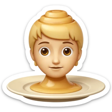 apple style emoji of a bust stylized simplified sculpted from tall cylindrical flan with glossy creamy slightly translucent beige texture, all features flan, on white plate sticker