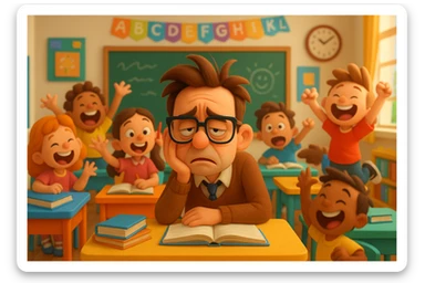3d cartoon art of a exhausted teacher in a bustling classroom sticker