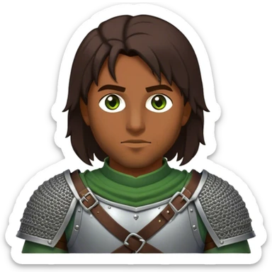 medieval battle armor worn by a DnD themed fantasy character. basic half-plate armor with a chainmail coif and a leather gorget. armor only above the waist. The armor full waist. The character's haven't arms. character is dark brown hair green eyes shoulder-length hair brown-skinned man. sticker