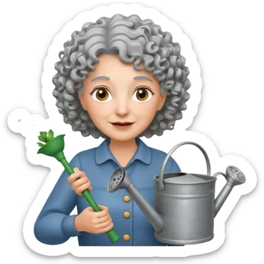 Older female florist – curly hair, hold garden watering pot sticker