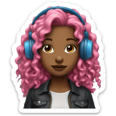 hotgir; rock; leather; girl; pink and blue long curly hair with headphones realisitc  sticker