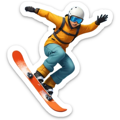An icon showing a snowboarder performing an exciting jump on a snow-covered slope. The background features towering mountains, snow-covered trees, and a bright, clear sky. Transparent background highlights the speed, agility, and thrill of snowboarding. sticker