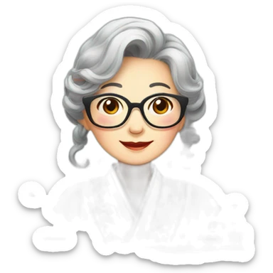 Chinese seniors lady wear glasses has wavy long hair wear Chinese traditional dress show appreciation sign sticker