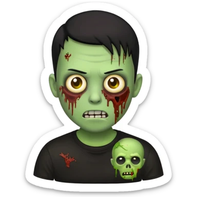 zombie emoji with buzz cut black hair and black t-shirt sticker