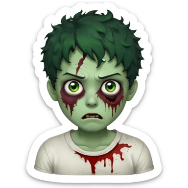 zombie character with green skin, messy short curly black hair, and no glasses. Give him large expressive eyes, a slightly frightened or eerie expression, subtle wounds, dark under-eye shadows, and a few cracks or dried blood marks on the face.  white shirt and no bleeding eyes **BLACK HAIR** sticker