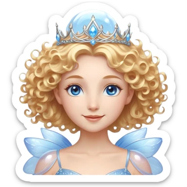 Elegant fairy with golden-blonde curls, a delicate silver crown, and sparkling blue eyes. She wears a shimmering light blue gown with a layered, ethereal design. Surrounded by a glowing, translucent bubble, radiating warmth and magic, with a bright, confident smile. sticker