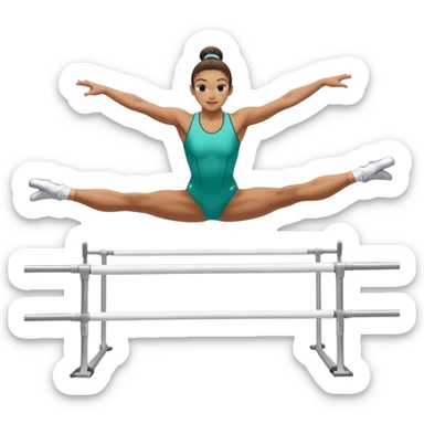 Professional gymnast performing a dynamic routine on parallel bars, captured mid-air in an elegant flip. The background features a well-lit gymnastics arena with a cheering audience. The athlete's posture and expression convey strength, control, and perfect coordination. sticker