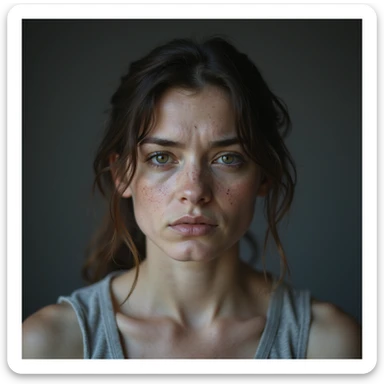 hyperrealistic 4K portrait of a woman with PCOS showing signs of chronic fatigue: pale face, pronounced dark circles, exhausted expression, mild acne, chin hair, thin hair, tired posture, realistic environment sticker