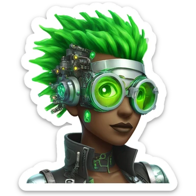 Neon green Mohawk hair female cyborg head with silver steampunk goggles and circuits sticker