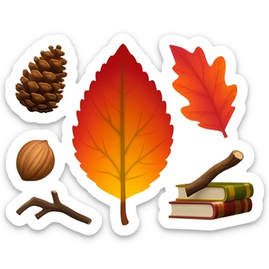 3 Red-orange-yellow-brown-gradients autumn leaves, pinecones, nuts, sticks, twigs, books sticker