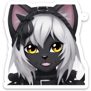 Gorgeous furry dark punk techwear anime style anthro black cat fursona with blushing face aesthetic and pretty edgy black with collar and harness trending style sticker